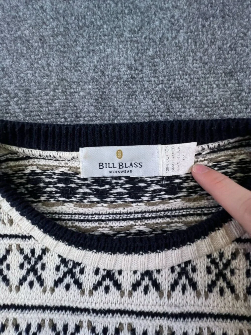 VTG Bill Blass Sweater Fair Isle Hand Framed USA Grandpa Blue White XL (1X) Men